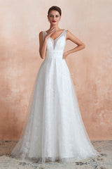 Beading Pearls Lace Floor Length Straps V-Back Backless White A-Line Wedding Dresses