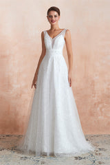 Beading Pearls Lace Floor Length Straps V-Back Backless White A-Line Wedding Dresses