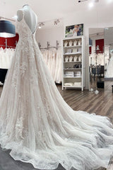 Beautiful Long A-line Tulle Lace V Neck Open Back Wedding Dresses