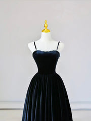 Spaghetti Strap Velvet Long Prom Dress with Pearls, Black Evening Dress Party Dress