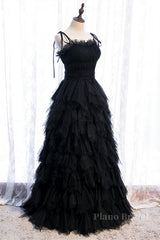 Black A-line Bow Tie Shoulder Ruffle-Layers Maxi Formal Dress