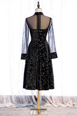 Black A-line Illusion Neck Long Sleeves Print Midi Formal Dress