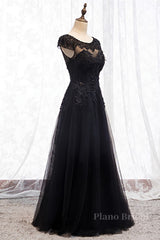 Black Illusion Scoop Neck Cap Sleeves Beaded Appliques Maxi Formal Dress