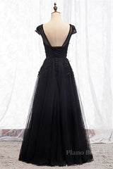 Black Illusion Scoop Neck Cap Sleeves Beaded Appliques Maxi Formal Dress