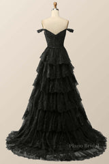 Black Lace Off the Shoulder Tiered Layers Long Formal Gown