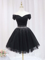 Black Off Shoulder Tulle Sequin Short Prom Dress, Black Homecoming Dresses