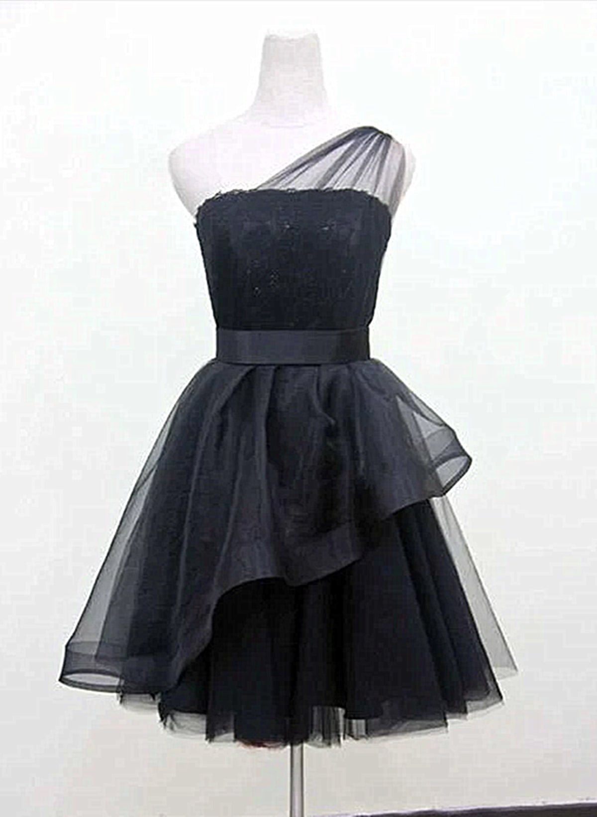 Black One Shoulder Tulle Short Formal Dress, Black Homecoming Dress