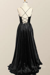 Black Satin A-line Cowl Neck Long Formal Dress
