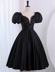 Black Satin Short Sleeves Knee Length Party Dress, Black Homecoming Dress