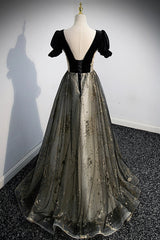 Black Tulle Sequins Long Prom Dress, Black A-Line Formal Evening Dress