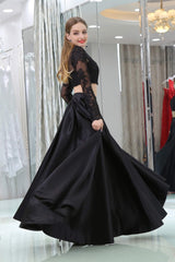 Negro de dos piezas de dos piezas de manga larga vestidos de fiesta de satén con encaje