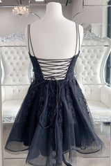 Black V Neck Backless Lace Short Prom Dresses, Backless Black Lace Homecoming Dresses, Black Lace Formal Evening Dresses