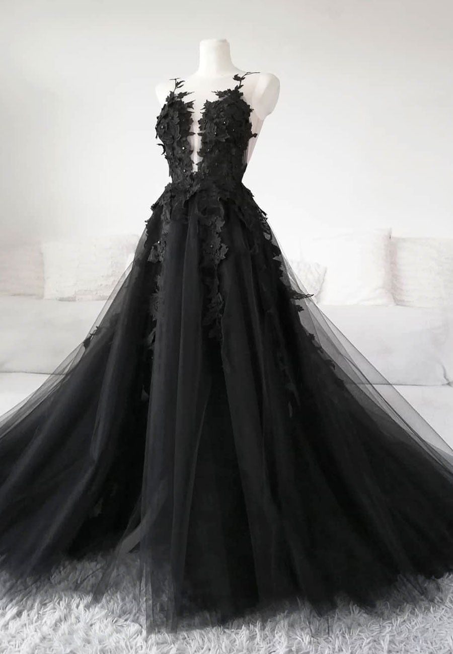 Black Tulle Lace Long Prom Dress, Black Formal Graduation Dress
