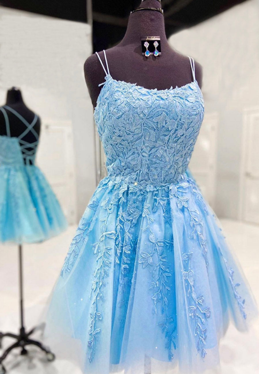Blue Tulle Short Prom Dresses, A-Line Lace Evening Dresses