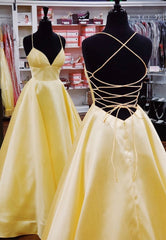 Vestidos de baile longos de cetim amarelo, vestido elegante simples de linha A elegante