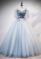 Lovely Spaghetti Strap Blue Long Prom Dresses, Lace Evening Dresses