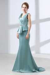 Blue Mermaid Satin V-neck Backless Prom Dresses With Sash