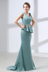 Blue Mermaid Satin V-neck Backless Prom Dresses With Sash