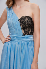 Blue One Shoulder Ruched Long Prom Dresses with Applique