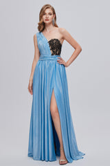 Blue One Shoulder Ruched Long Prom Dresses with Applique