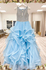 Blue round neck tulle sequin long prom dress blue tulle formal dress