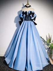 Blue satin lace long prom dress blue satin evening dress