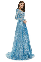 Lantejoulas azuis com mangas longas destacáveis ​​vestidos de noite de sereia