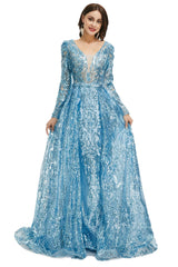 Blauer Pailletten mit abnehmbarem Zug Langarmer Mermaid -Abendkleider