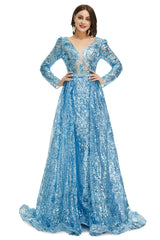 Blauer Pailletten mit abnehmbarem Zug Langarmer Mermaid -Abendkleider
