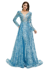 Paillettes bleues avec train détachable à manches longues robes de soirée sirène