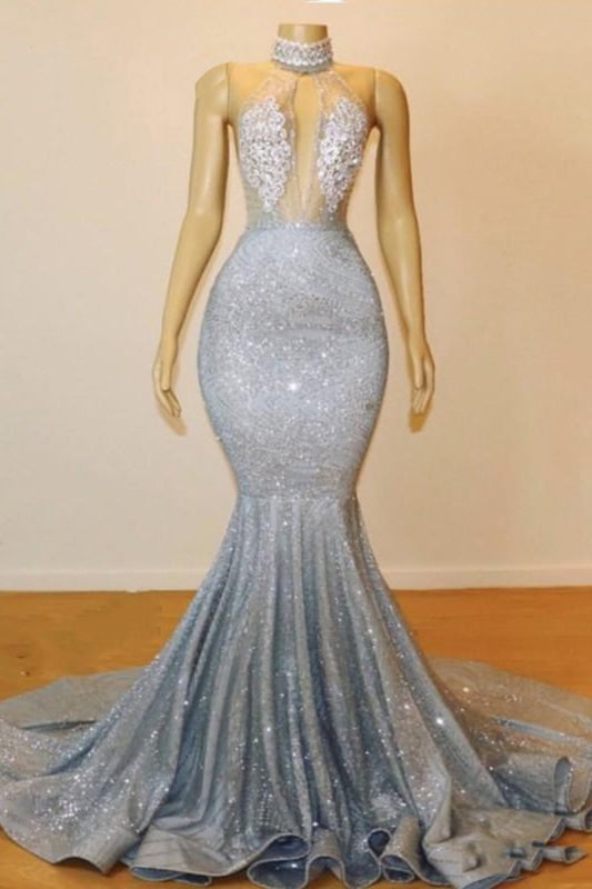 Blue Sequins Backless Long Mermaid Crystal Beaded Prom Dress
