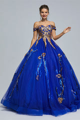 Blue Short Sleeve Off The Shoulder Tulle Sequin Decal Long Prom Dresses