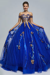 Blue Short Sleeve Off The Shoulder Tulle Sequin Decal Long Prom Dresses