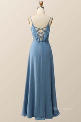 Blue Straps Ruffle Chiffon Long Bridesmaid Dress