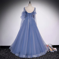 Blue Tulle Beaded Long Formal Dress Party Dresses, A-line Wedding Party Dresses