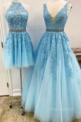 Blue Tulle Lace Prom Dresses, Blue Tulle Lace Formal Evening Dresses