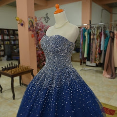 Blue Tulle Sequins Long Ball Gown Formal Dress, Sparkle Blue Quinceanera Dress