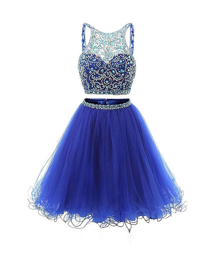Blue two pieces tulle sequin beads short prom dress, blue homecoming