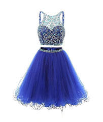 Blue two pieces tulle sequin beads short prom dress, blue homecoming