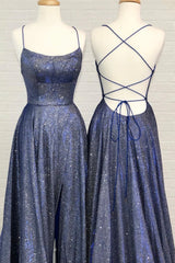 Blue A-Line Backless Long Prom Dresses, Blue Evening Dresses