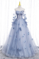 Blaue lange Ärmel Tüll -Abschlussballkleid mit Blumen, geschwollene Schulter Quinceanera Kleid