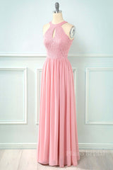 Blush Pink Halter Chiffon Long Bridesmaid Dress with Keyhole