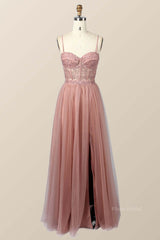 Blush Pink Lace and Tulle Straps Long Formal Dress
