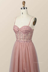 Blush Pink Lace and Tulle Straps Long Formal Dress