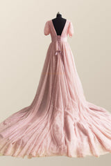 Short Sleeves Blush Pink Long Party Dress