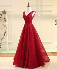 Burgundy V Neck Lace Long Prom Gown Burgundy Evening Dress