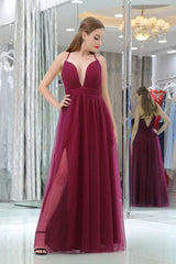 Burgundy A Line Floor Length Deep V Neck Sleeveless Side Slit Prom Dresses