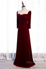 Burgundy Illusion Neck Long Sleeves Pleated Maxi Formal Dress with Pearl