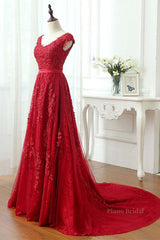Burgundy Lace Prom Dresses with Train, Wine Red Lace Formal Evening Dresses