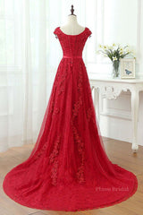 Burgundy Lace Prom Dresses with Train, Wine Red Lace Formal Evening Dresses